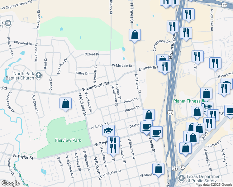 map of restaurants, bars, coffee shops, grocery stores, and more near 2313 North Shannon Street in Sherman