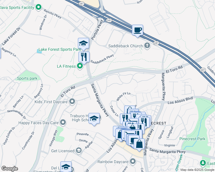 map of restaurants, bars, coffee shops, grocery stores, and more near 20702 El Toro Road in Lake Forest