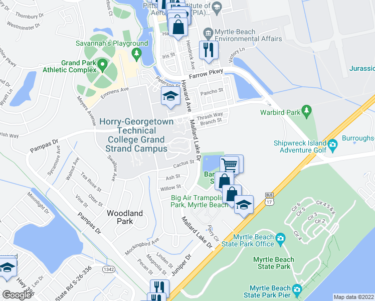map of restaurants, bars, coffee shops, grocery stores, and more near 3514 Chestnut Drive in Myrtle Beach