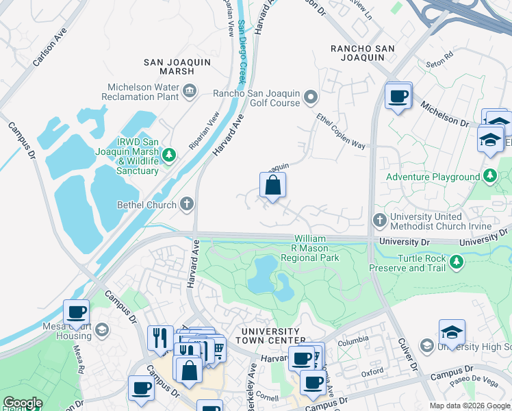 map of restaurants, bars, coffee shops, grocery stores, and more near in Irvine