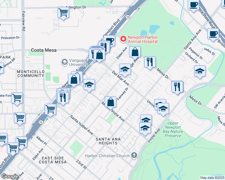map of restaurants, bars, coffee shops, grocery stores, and more near 2554 Orange Avenue in Costa Mesa