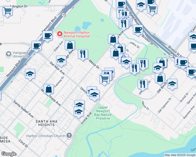 map of restaurants, bars, coffee shops, grocery stores, and more near 2656 Redlands Drive in Costa Mesa