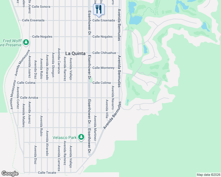 map of restaurants, bars, coffee shops, grocery stores, and more near 53605 Avenue Navarro in La Quinta