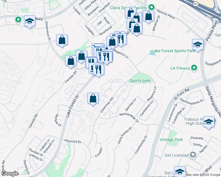 map of restaurants, bars, coffee shops, grocery stores, and more near 20041 Osterman Road in Lake Forest