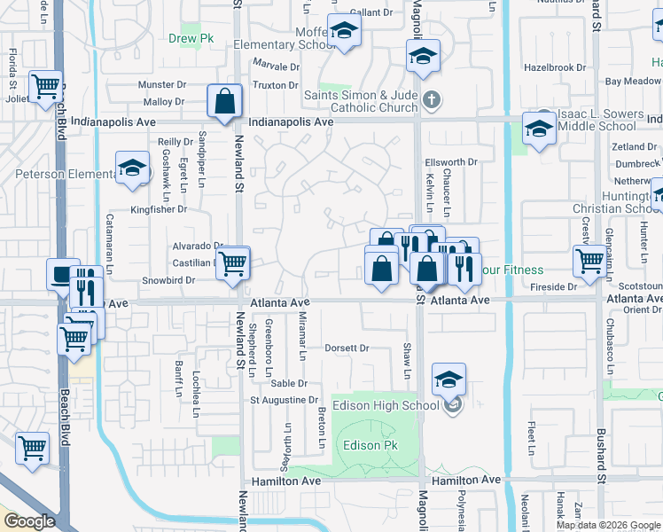 map of restaurants, bars, coffee shops, grocery stores, and more near 8777 Coral Springs Court in Huntington Beach