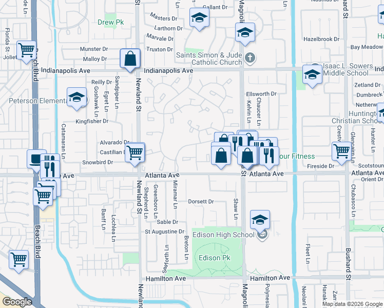 map of restaurants, bars, coffee shops, grocery stores, and more near 8788 Coral Springs Court in Huntington Beach