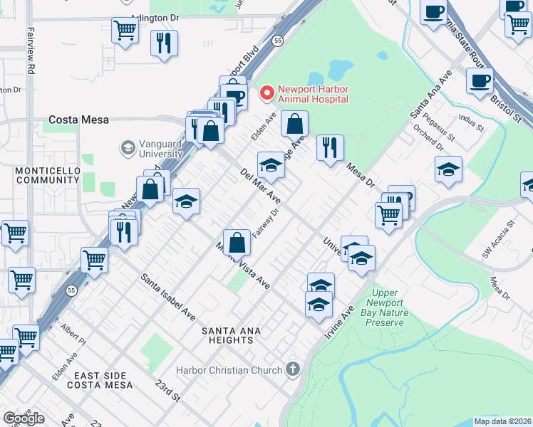 map of restaurants, bars, coffee shops, grocery stores, and more near 2581 Fairway Drive in Costa Mesa