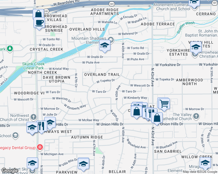 map of restaurants, bars, coffee shops, grocery stores, and more near 19009 North 45th Drive in Glendale