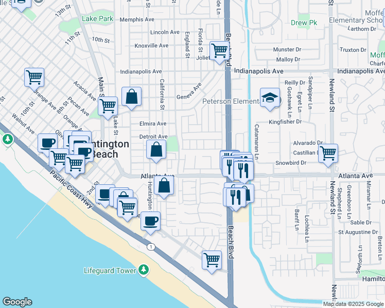 map of restaurants, bars, coffee shops, grocery stores, and more near 20935 Sailmaker Circle in Huntington Beach