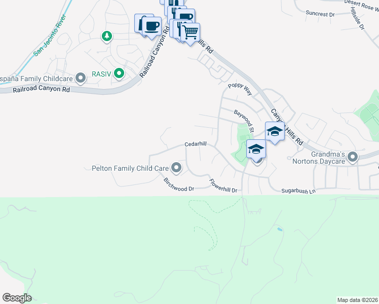 map of restaurants, bars, coffee shops, grocery stores, and more near 31912 Manzanita Lane in Lake Elsinore