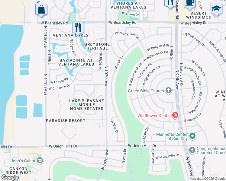 map of restaurants, bars, coffee shops, grocery stores, and more near 19209 North Welk Drive in Sun City