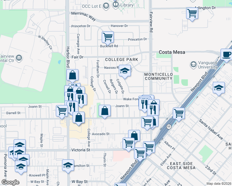 map of restaurants, bars, coffee shops, grocery stores, and more near 2371 Rutgers Drive in Costa Mesa