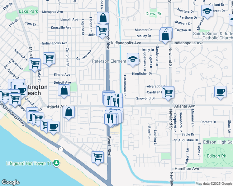 map of restaurants, bars, coffee shops, grocery stores, and more near 20909 Monarch Lane in Huntington Beach