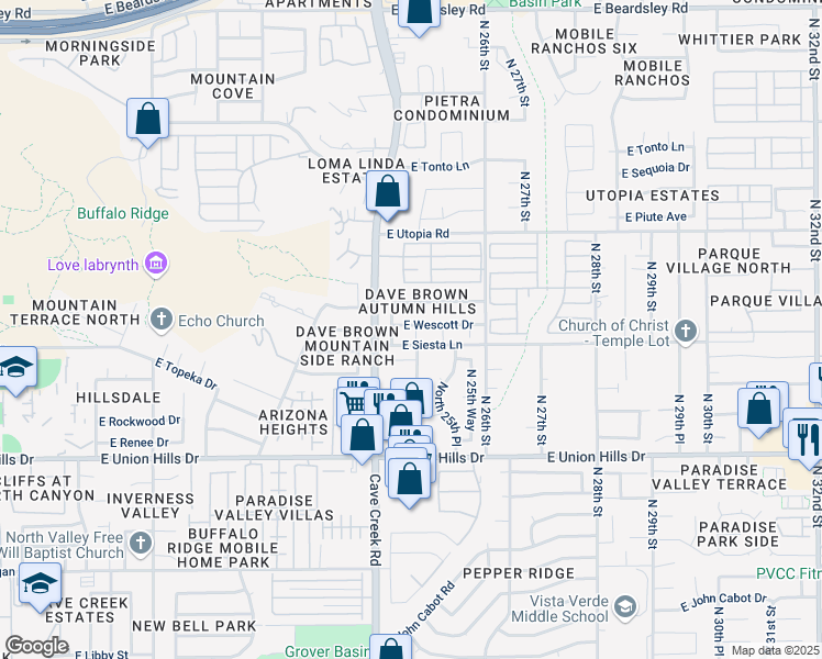 map of restaurants, bars, coffee shops, grocery stores, and more near 19016 North 25th Street in Phoenix