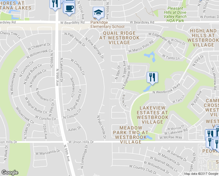map of restaurants, bars, coffee shops, grocery stores, and more near 9834 West Kerry Lane in Peoria