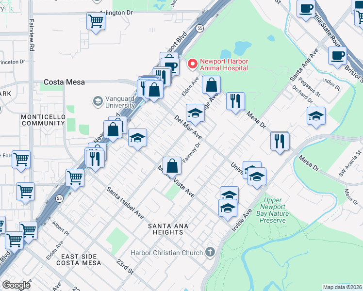 map of restaurants, bars, coffee shops, grocery stores, and more near 2558 Orange Avenue in Costa Mesa