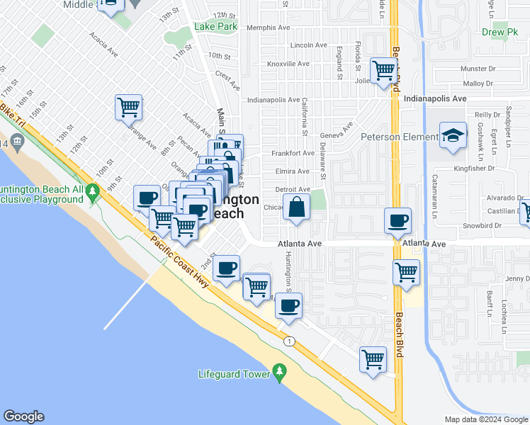 map of restaurants, bars, coffee shops, grocery stores, and more near 220 Alabama Street in Huntington Beach