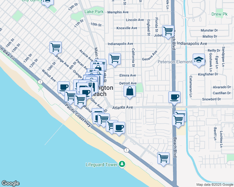 map of restaurants, bars, coffee shops, grocery stores, and more near 206 Chicago Avenue in Huntington Beach