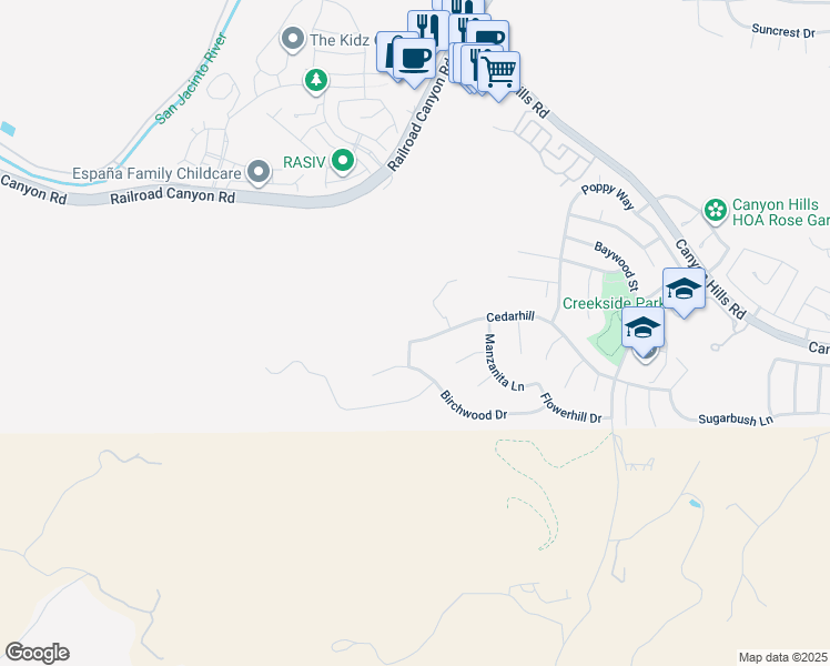 map of restaurants, bars, coffee shops, grocery stores, and more near 31872 Cedarhill Lane in Lake Elsinore