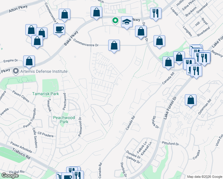 map of restaurants, bars, coffee shops, grocery stores, and more near 601 Catalonia in Lake Forest