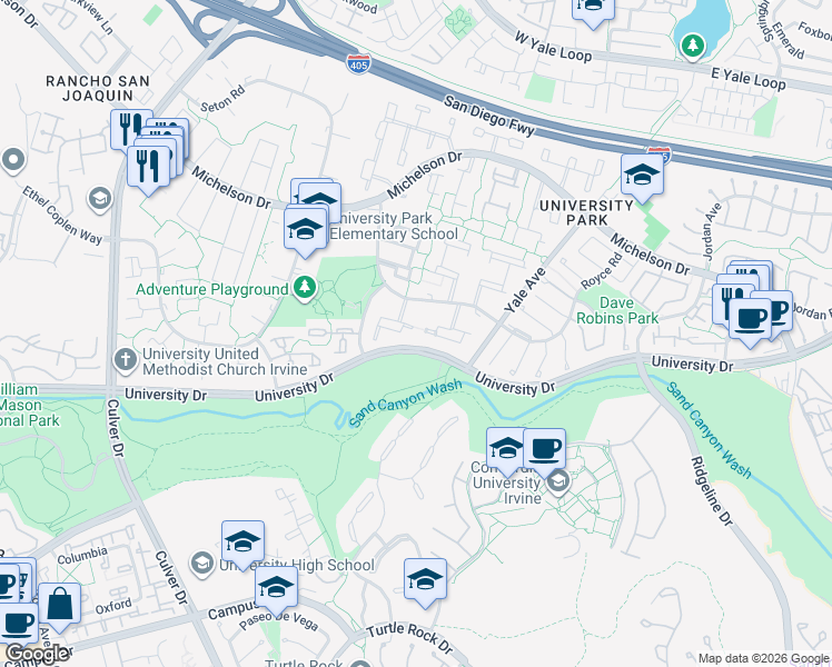 map of restaurants, bars, coffee shops, grocery stores, and more near 13 Aspen Tree Lane in Irvine