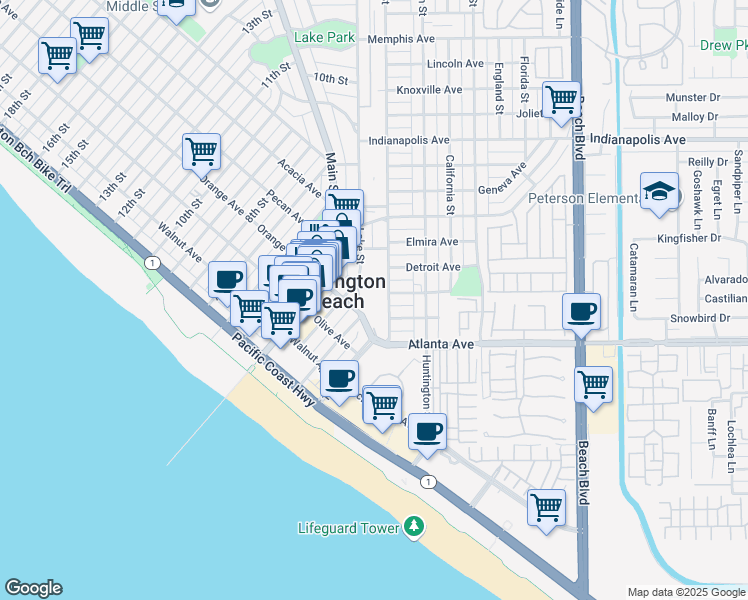 map of restaurants, bars, coffee shops, grocery stores, and more near in Huntington Beach