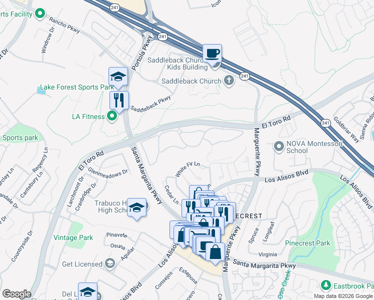 map of restaurants, bars, coffee shops, grocery stores, and more near 27571 White Fir Lane in Mission Viejo