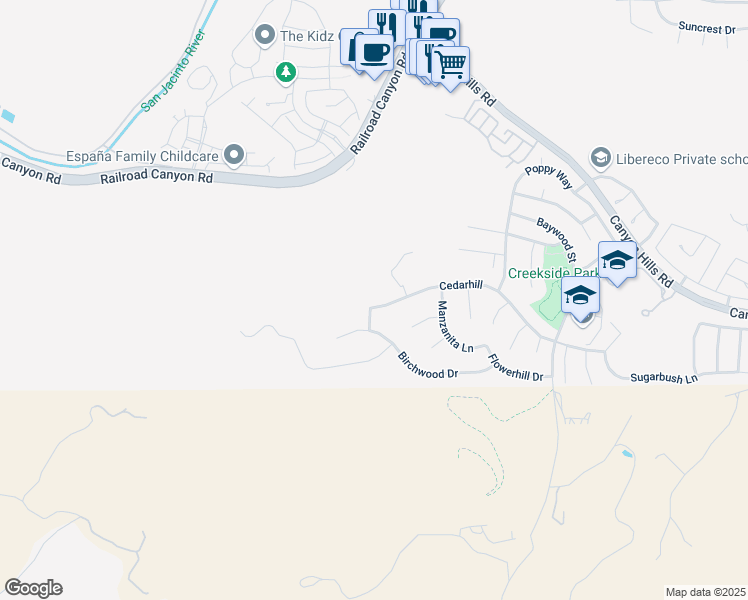 map of restaurants, bars, coffee shops, grocery stores, and more near 31872 Cedarhill Lane in Lake Elsinore