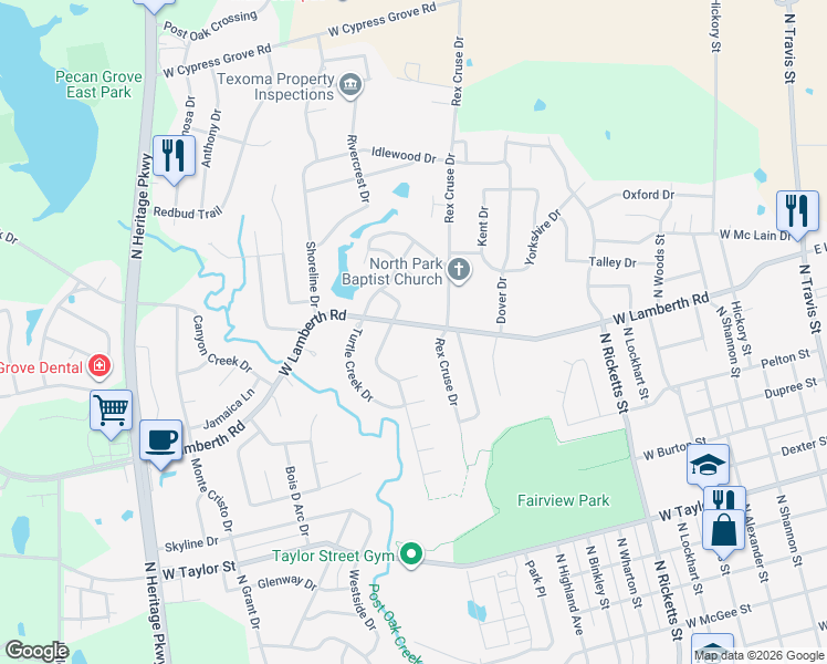 map of restaurants, bars, coffee shops, grocery stores, and more near 2410 Rex Cruse Drive in Sherman
