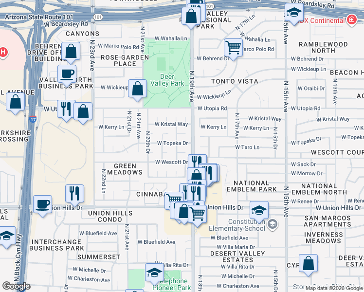 map of restaurants, bars, coffee shops, grocery stores, and more near 1925 West Taro Lane in Phoenix