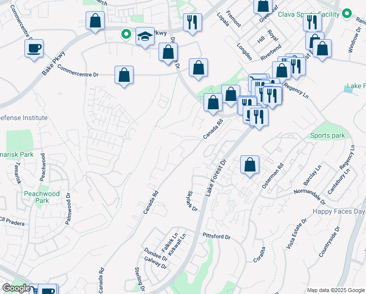 map of restaurants, bars, coffee shops, grocery stores, and more near 20901 Serrano Creek Road in Lake Forest