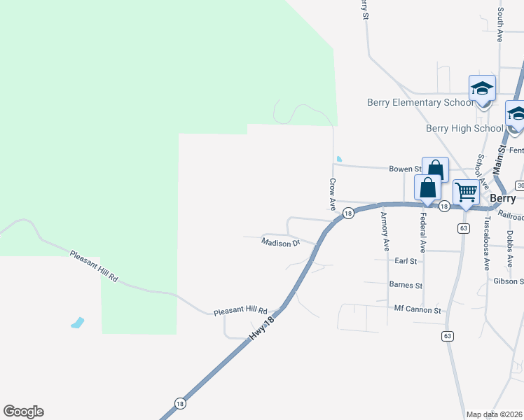 map of restaurants, bars, coffee shops, grocery stores, and more near Madison Drive in Berry