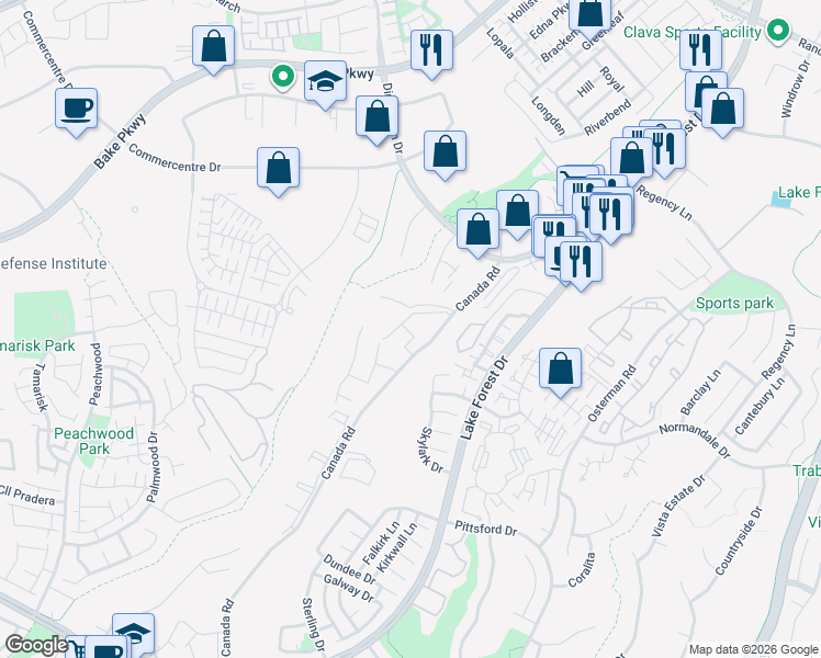 map of restaurants, bars, coffee shops, grocery stores, and more near 20897 Serrano Creek Road in Lake Forest