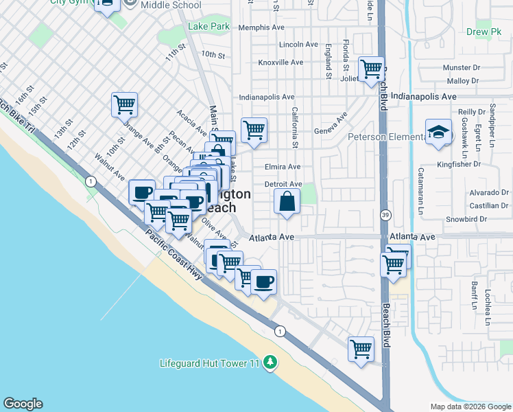 map of restaurants, bars, coffee shops, grocery stores, and more near 220 Alabama Street in Huntington Beach