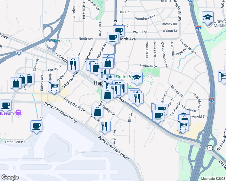 map of restaurants, bars, coffee shops, grocery stores, and more near 3483 North Fulton Avenue in Hapeville