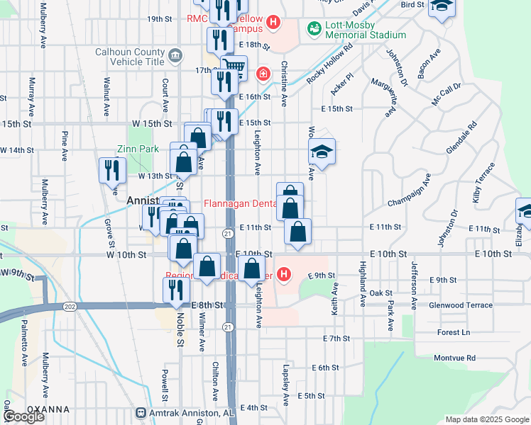 map of restaurants, bars, coffee shops, grocery stores, and more near 1119 Leighton Avenue in Anniston