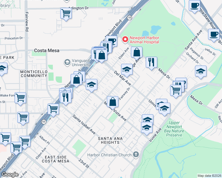 map of restaurants, bars, coffee shops, grocery stores, and more near 2547 Orange Avenue in Costa Mesa