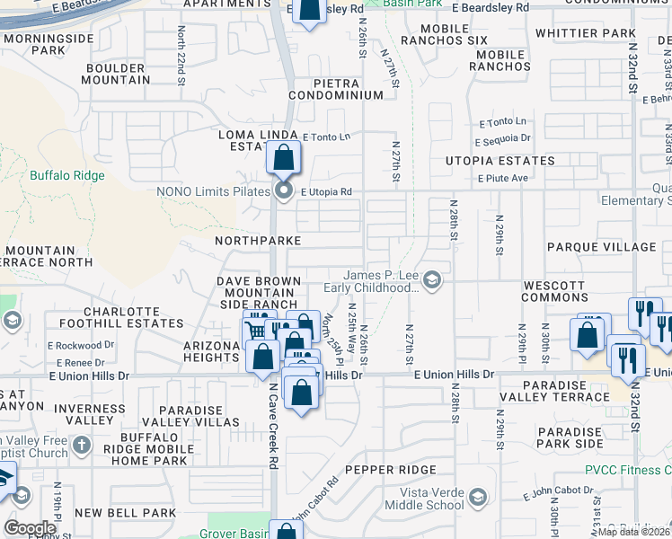 map of restaurants, bars, coffee shops, grocery stores, and more near 2536 East Morrow Drive in Phoenix