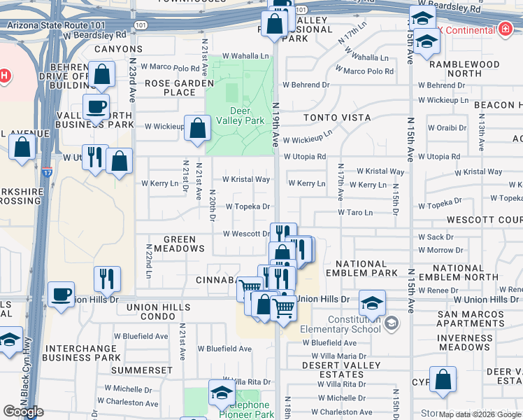 map of restaurants, bars, coffee shops, grocery stores, and more near 1925 West Taro Lane in Phoenix