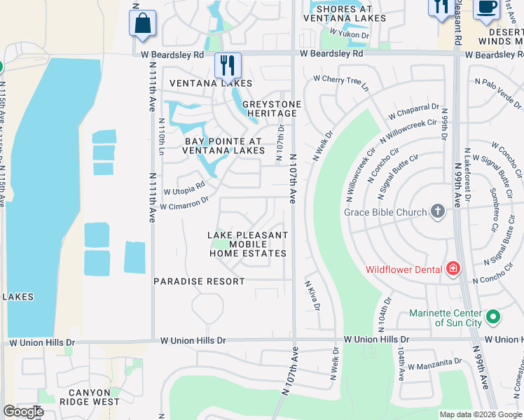 map of restaurants, bars, coffee shops, grocery stores, and more near 19210 North Dinero Road in Sun City