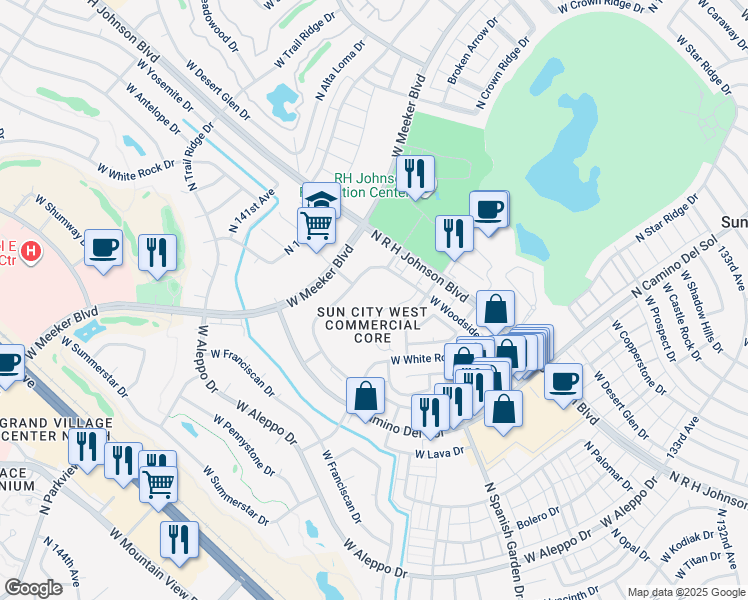 map of restaurants, bars, coffee shops, grocery stores, and more near 19303 North New Tradition Road in Sun City West