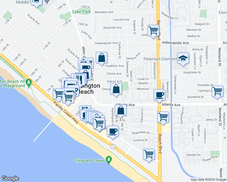 map of restaurants, bars, coffee shops, grocery stores, and more near 120 Huntington Street in Huntington Beach