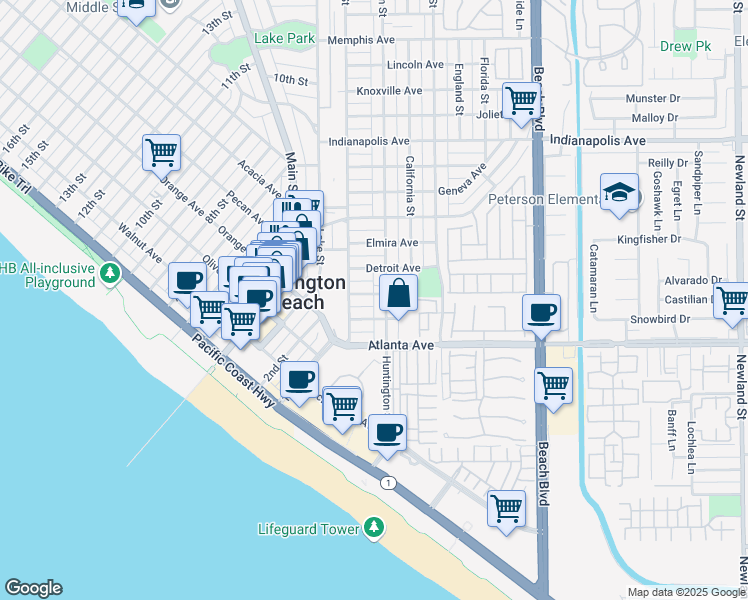 map of restaurants, bars, coffee shops, grocery stores, and more near 210 Baltimore Avenue in Huntington Beach