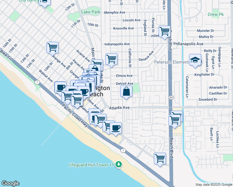 map of restaurants, bars, coffee shops, grocery stores, and more near 210 Baltimore Avenue in Huntington Beach