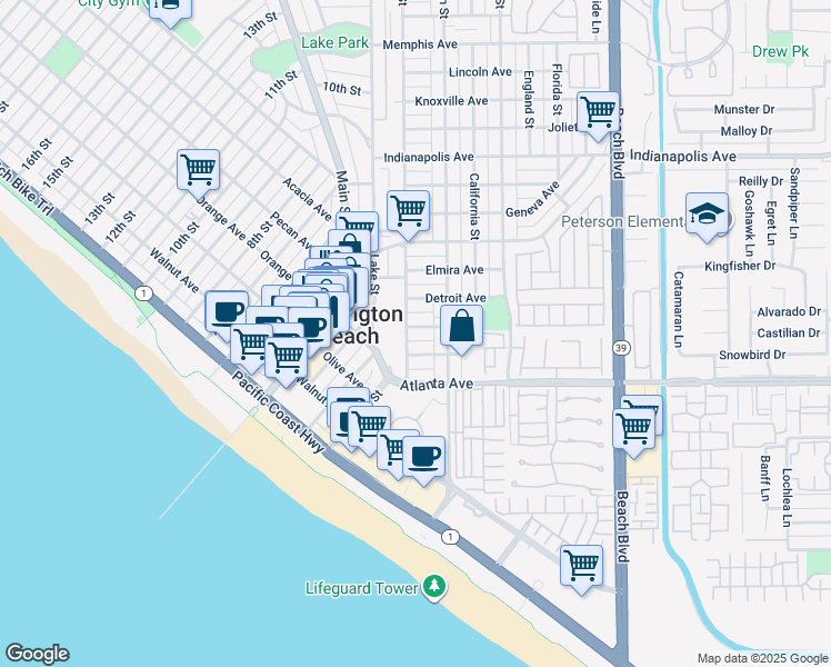 map of restaurants, bars, coffee shops, grocery stores, and more near 210 Baltimore Avenue in Huntington Beach