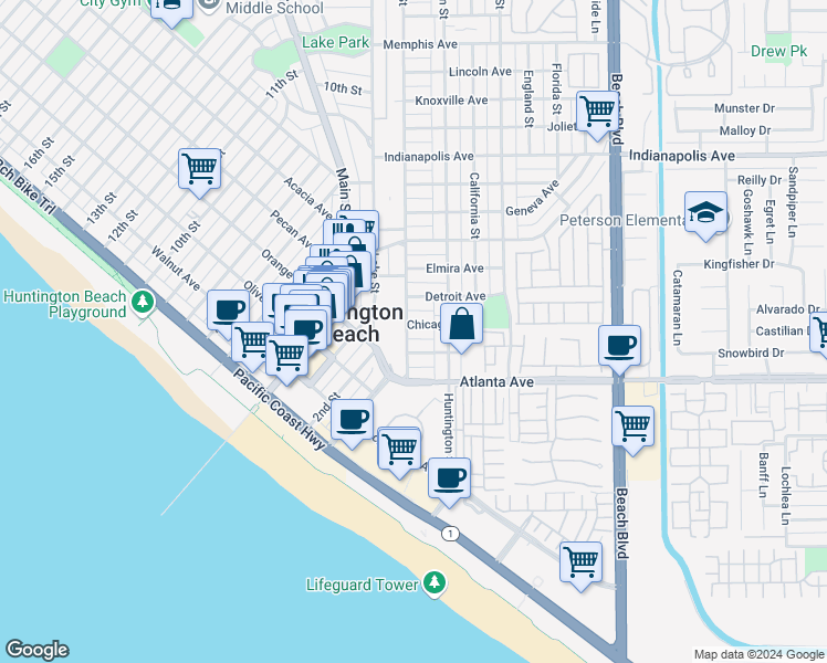 map of restaurants, bars, coffee shops, grocery stores, and more near 210 Baltimore Avenue in Huntington Beach