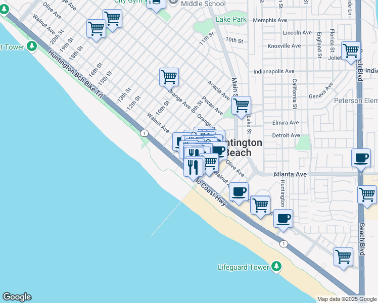 map of restaurants, bars, coffee shops, grocery stores, and more near 124 1/2 6th Street in Huntington Beach