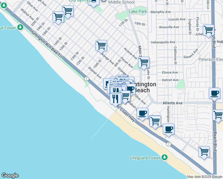 map of restaurants, bars, coffee shops, grocery stores, and more near 124 1/2 6th Street in Huntington Beach