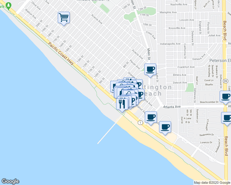 map of restaurants, bars, coffee shops, grocery stores, and more near 124 1/2 6th Street in Huntington Beach