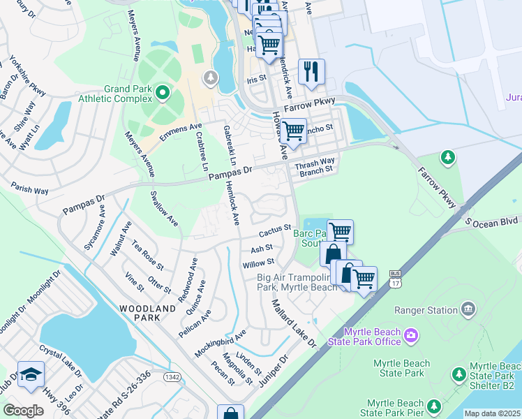 map of restaurants, bars, coffee shops, grocery stores, and more near 3521 Crepe Myrtle Court in Myrtle Beach